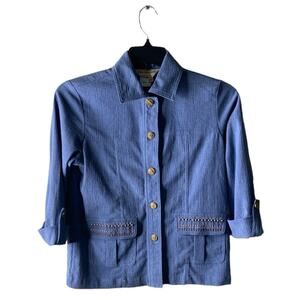 Vintage Norm Thompson Denim Shirt Women Size S/P 3/4 Sleeves Beads Pocket